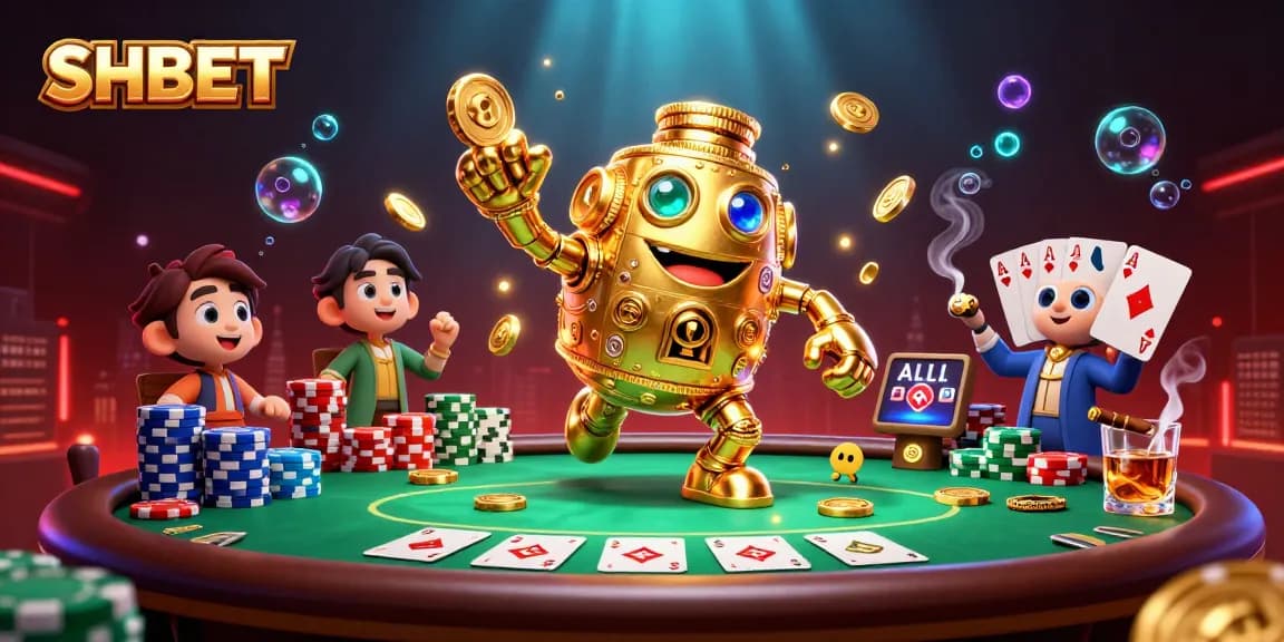 SHBET engages players with a lively 3D casino scene featuring a golden golem, dynamic poker elements, and vibrant colors.
