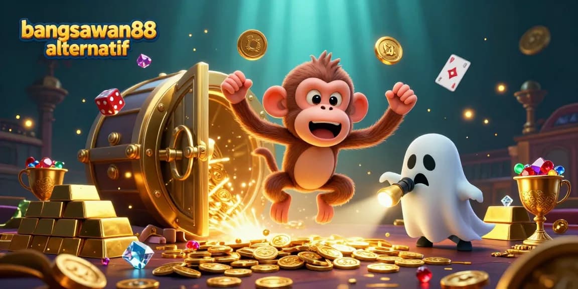 Bangsawan88 alternatif showcases an exciting casino scene with a mischievous monkey and a ghost-hunter puppy.