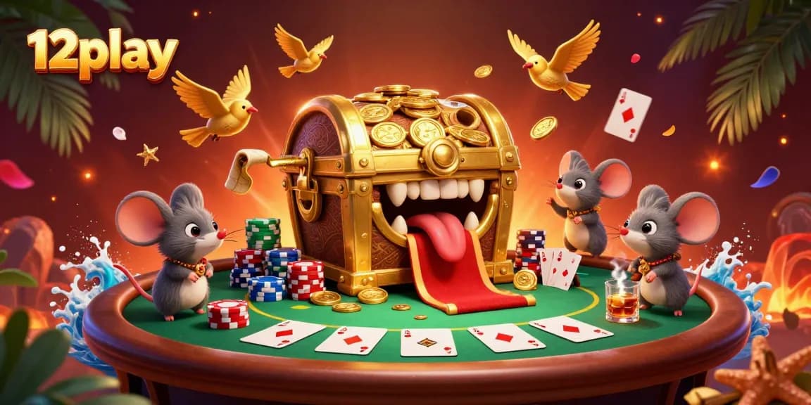 Engage in thrilling gameplay at 12play Casino with vibrant poker, treasure-inspired characters, and casino excitement.