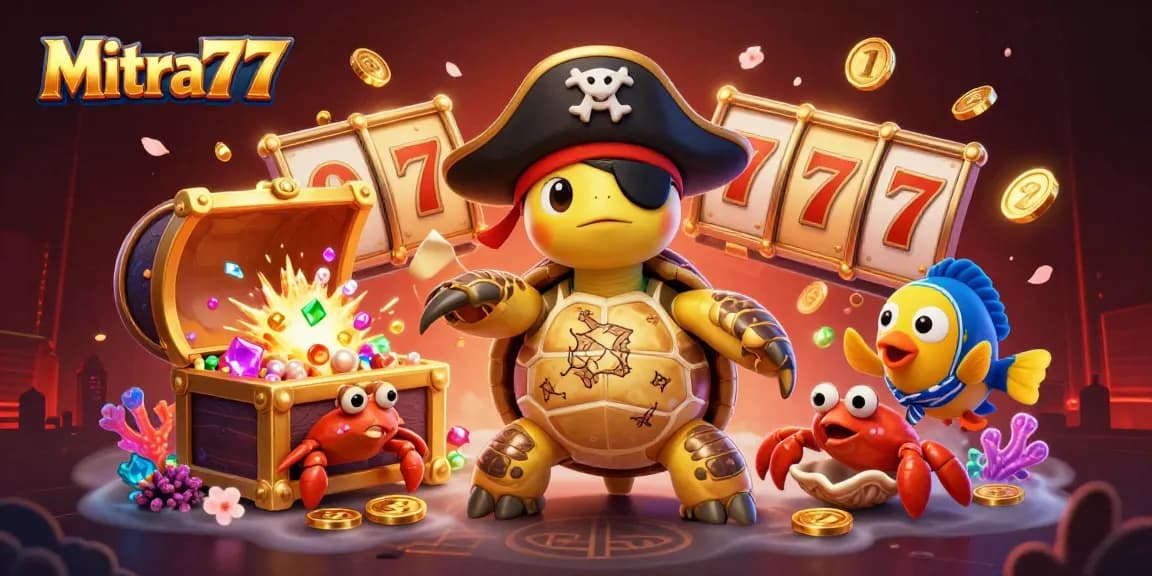Mitra77 menghadirkan pengalaman slots yang menggembirakan dengan kura-kura, kepiting, dan ikan di tengah harta karun.