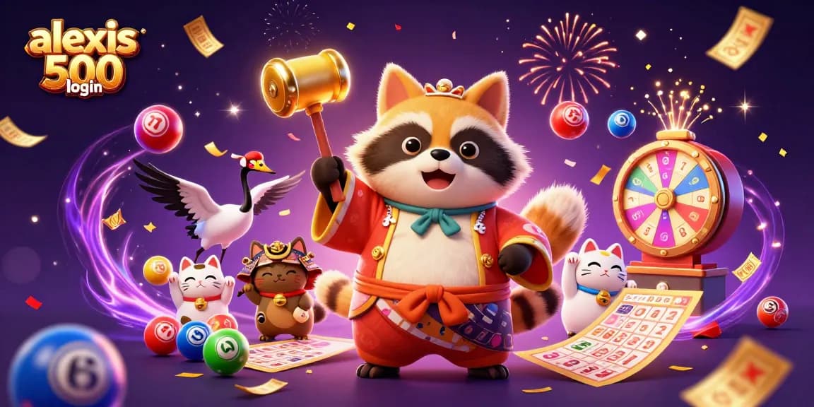 Experience alexis 500 login with a vibrant illustration featuring a lucky tanuki and fortune cats.