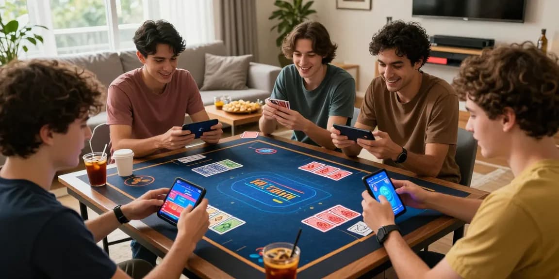 Engaged players enjoying exciting gameplay on 3pattiblueapp.com.pk in a vibrant home setting