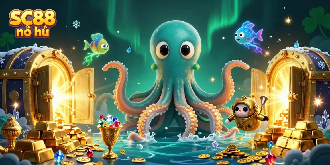 Engage in SC88 nổ hũ action with golden tentacle kraken and diving cat in 3D treasure scene