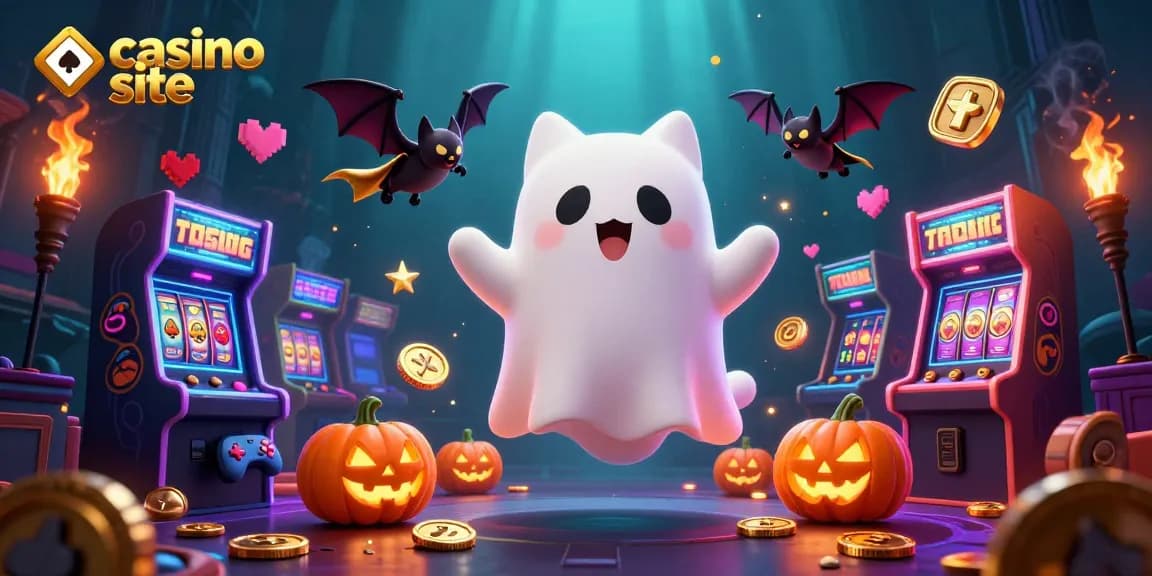 Engage with the thrilling casino site featuring slot reels and a friendly ghost cat in a haunted scene.