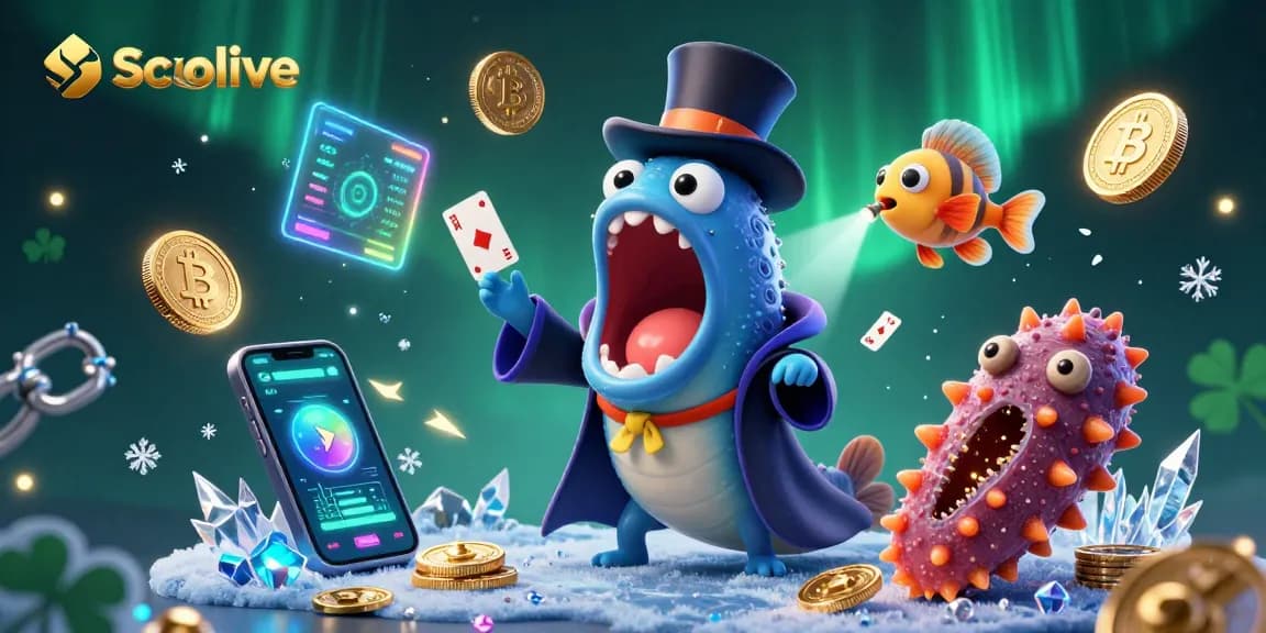 Socolive engages in thrilling 3D magic card tricks as a deep-sea gulper eel and anglerfish illuminate the gambling scene.