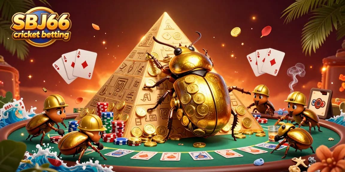 Engage in SBJ66 cricket betting with vibrant casino-themed scene showcasing golden beetles and poker icons.