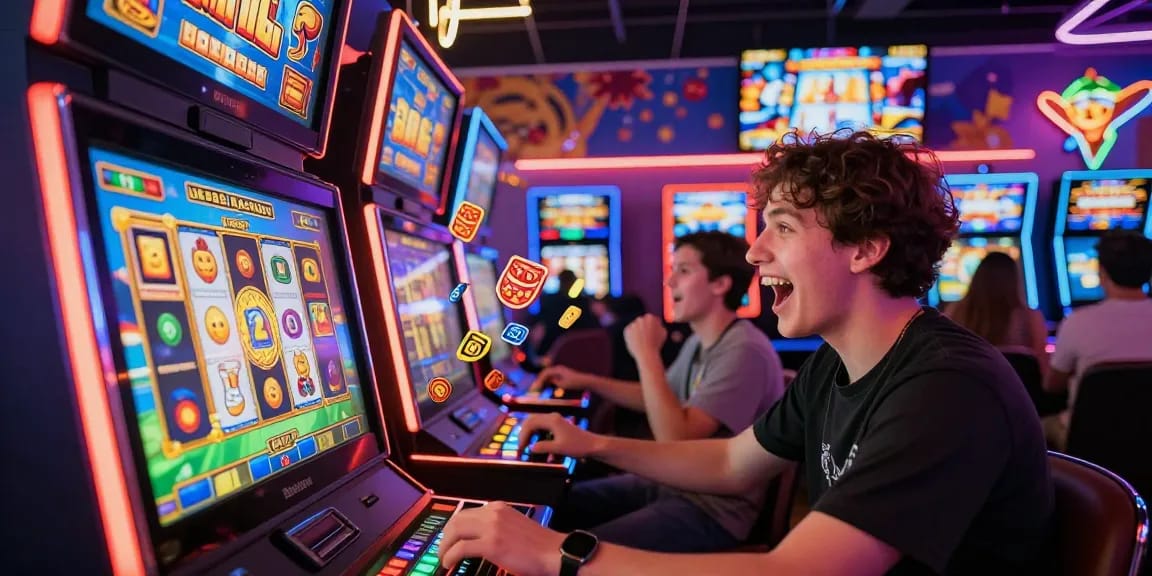 Pemain meraih kemenangan slot jackpot dalam suasana kasino yang ceria dan bersemangat.
