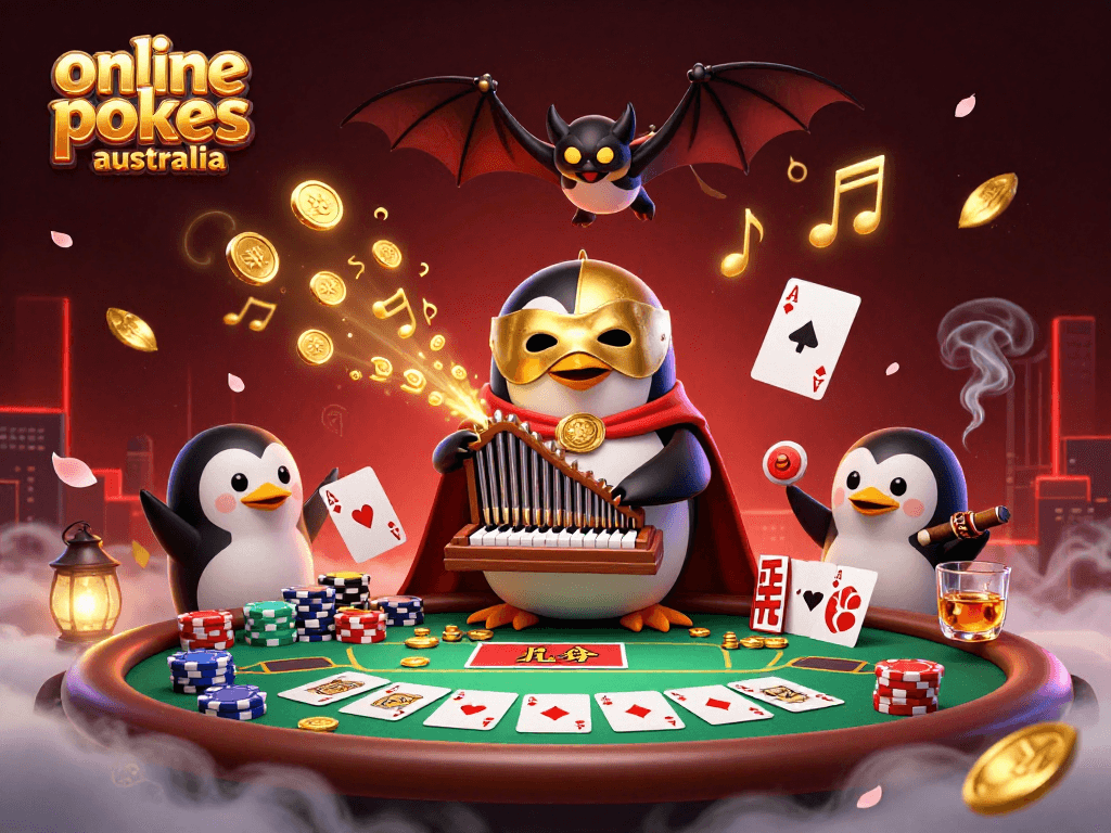 Exciting scene showcasing online pokies Australia with a penguin organist, golden coins, and poker elements.