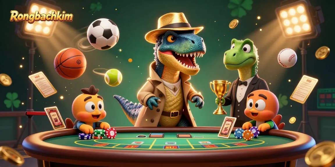 Rongbachkim shows a velociraptor countering cards at blackjack while sports elements fly around.