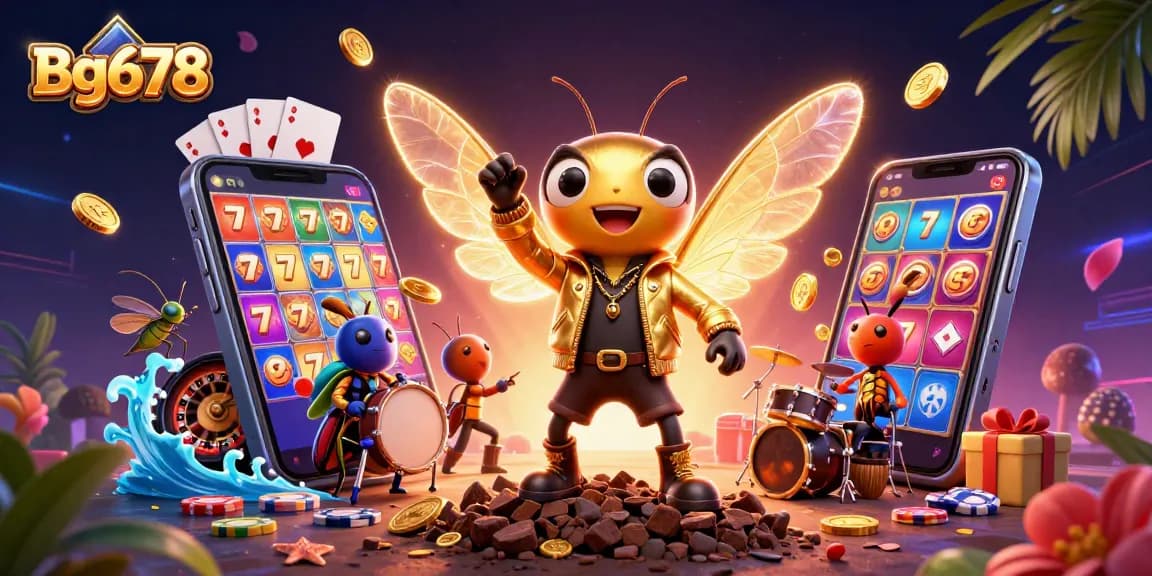 Engage with the exciting world of Bg678's vibrant casino-themed illustration featuring dynamic characters and games.