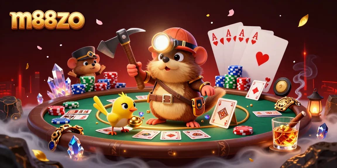 Experience the thrills of m88zo with a dazzling casino scene featuring a treasure hunter and poker elements.