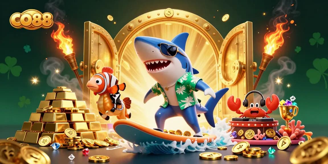 Engage with CO88’s vibrant casino world through a lively 3D illustration featuring energetic sea characters amidst gold and jewels.