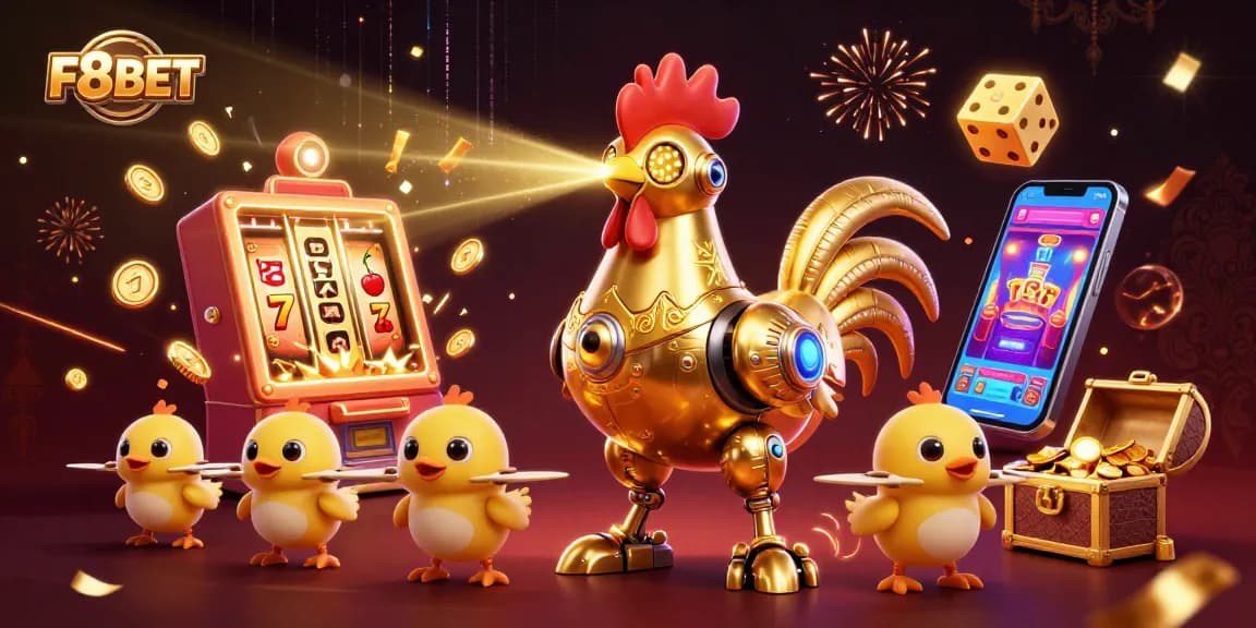 F8BET ignites excitement with a dynamic 3D scene showcasing vibrant casino elements and action.