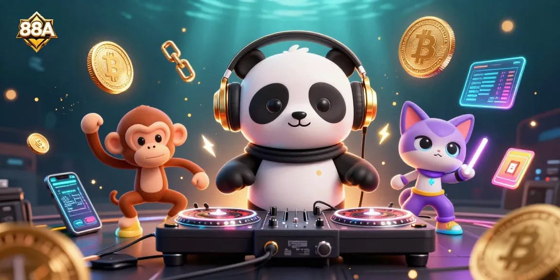 Join the fun at 88AA with a DJ panda and friends spinning and dancing in a vibrant casino-themed scene.