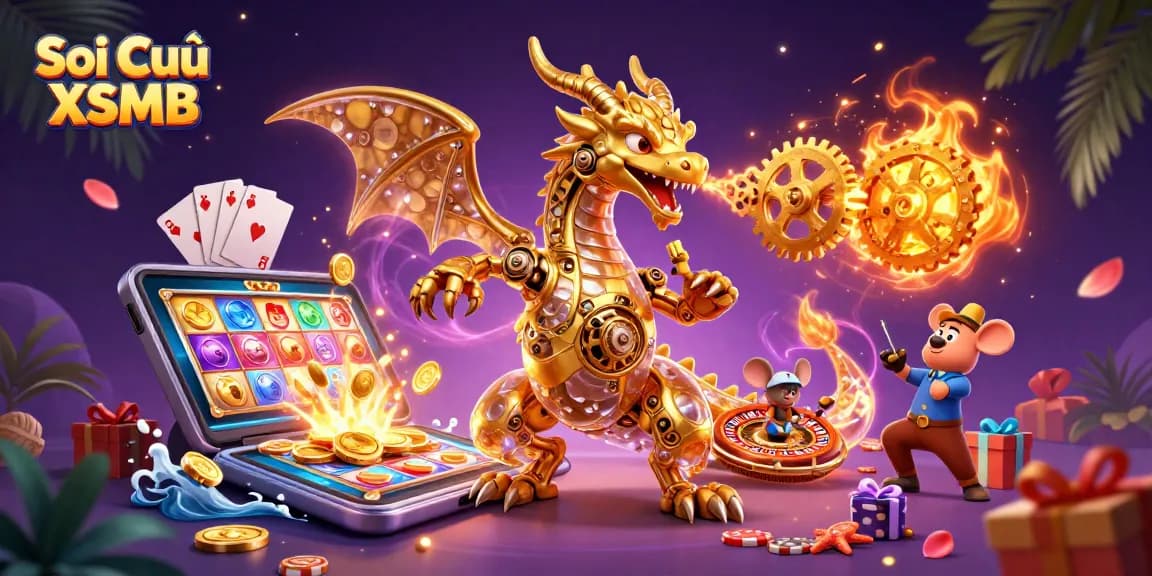 Soi Cầu XSMB illustrates a golden dragon breathing gears in a vibrant casino scene full of gaming elements.