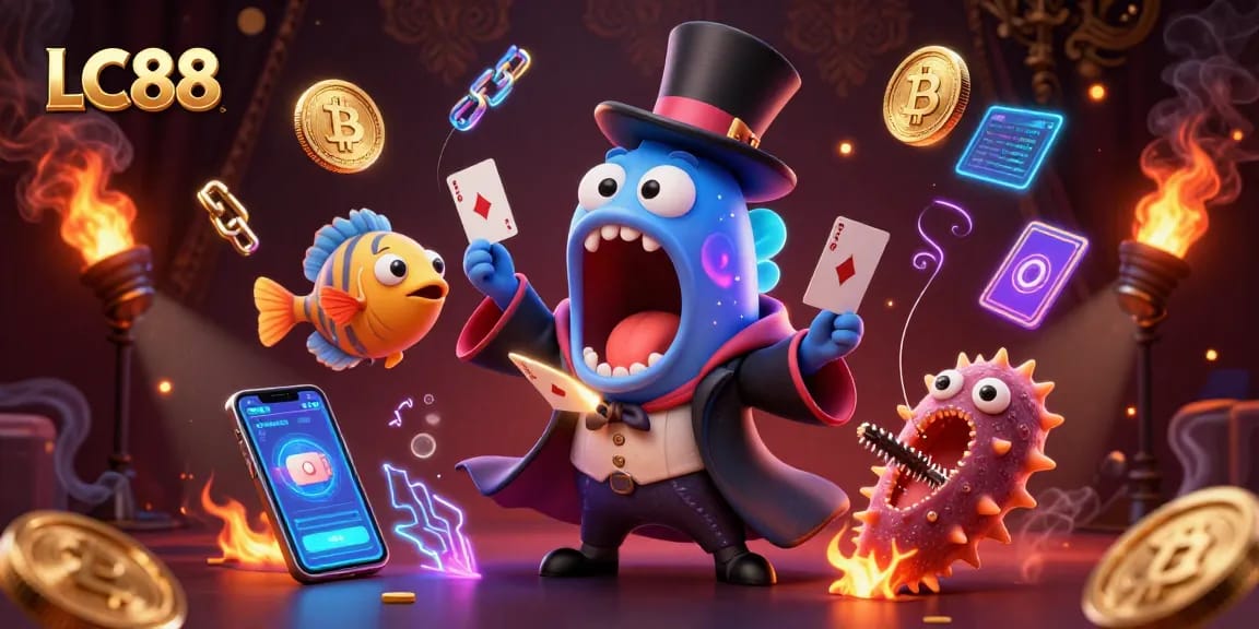 Experience thrilling gameplay with LC88 through a 3D illustration showcasing unique gambling characters.