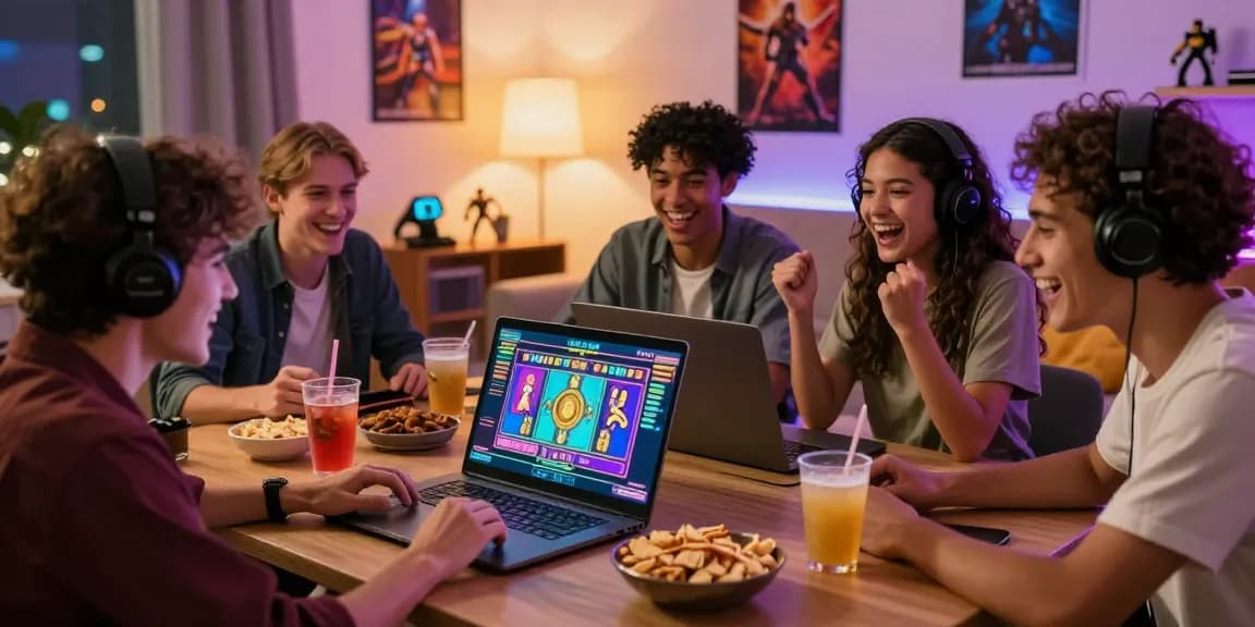 Friends enjoying a game of SLOT ONLINE together in a cozy setting.