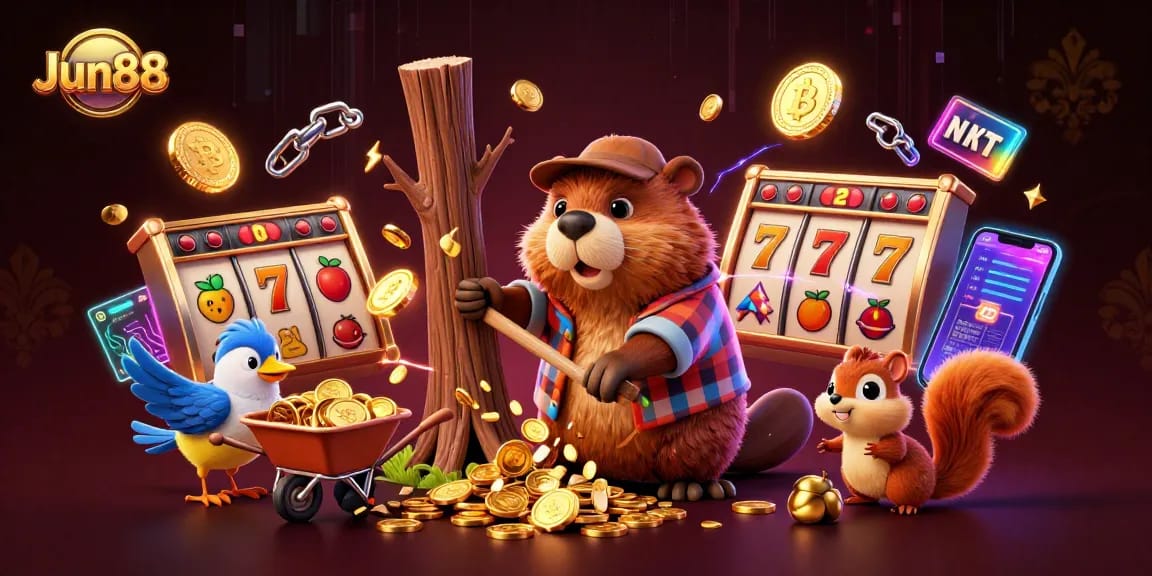 Win big with Jun88 while enjoying 3D cartoon characters in a vibrant casino-themed scene.