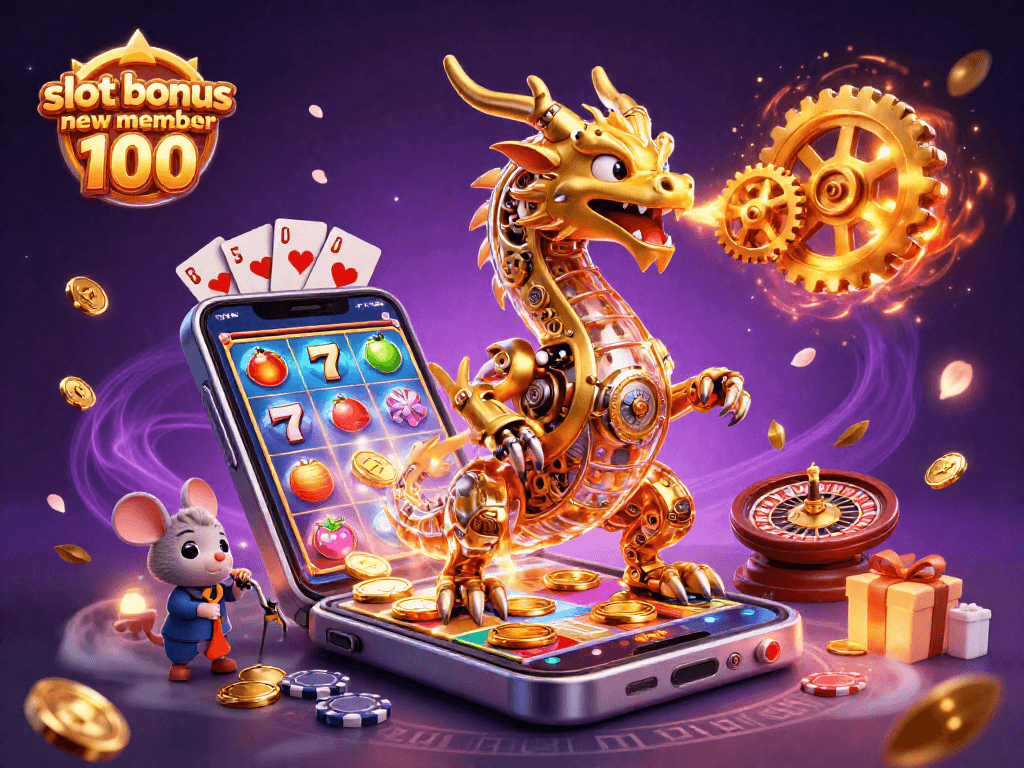 Experience the thrill of the slot bonus new member 100 with dynamic casino elements and a golden dragon.