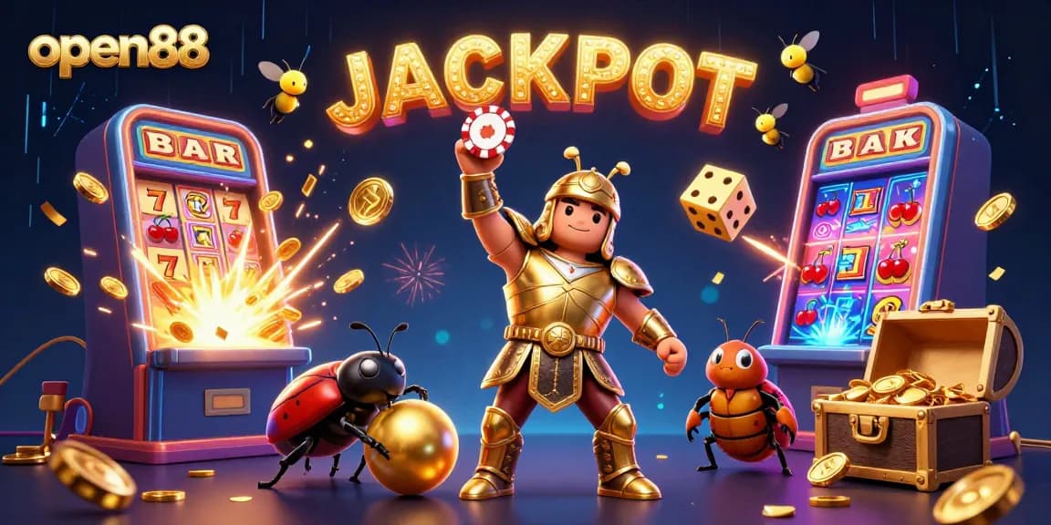Experience the excitement of open88 with a thrilling jackpot illustration featuring dynamic 3D characters and game symbols.