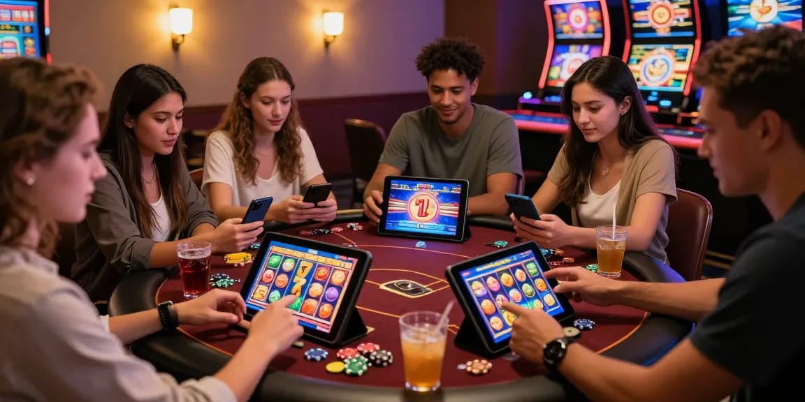 Friends enjoying bandar slot games on digital devices in a lively casino atmosphere.