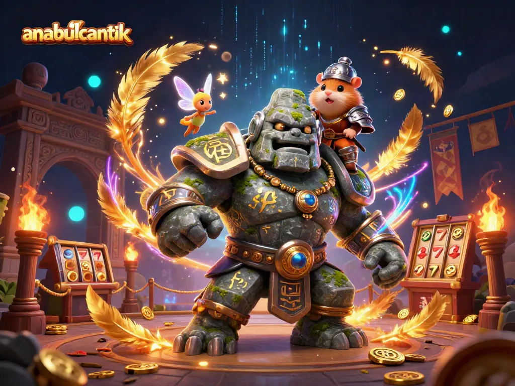 Gambarkan anabulcantik meraih kemenangan dengan slot dan koin emas berkilau.