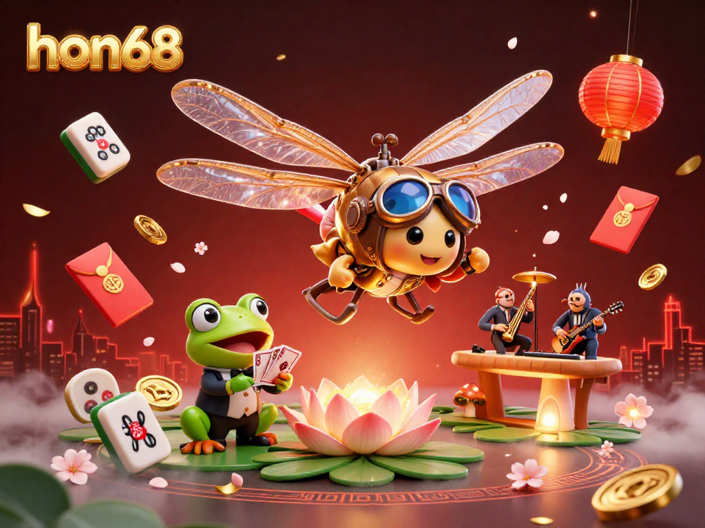 Engage with hon68 as a dragonfly pilot hovers above a lily pad casino, with jazz musicians and a frog croupier.