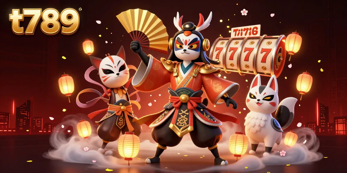 Experience the excitement of t789 with a kabuki warrior and vibrant casino elements in a magical scene.