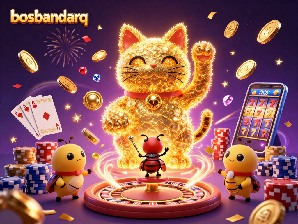Play exciting games with bosbandarq's colorful casino elements and lucky cat illustration.
