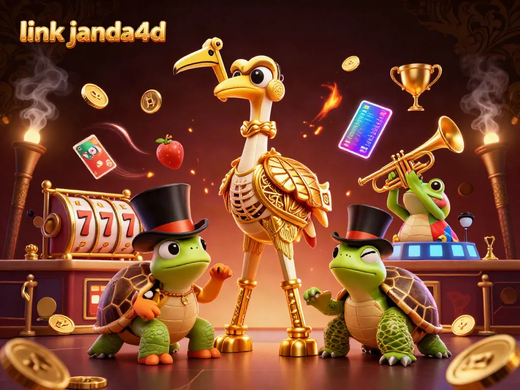Permainan judi dengan link janda4d yang menampilkan crane, kura-kura, dan katak di bar kasino.