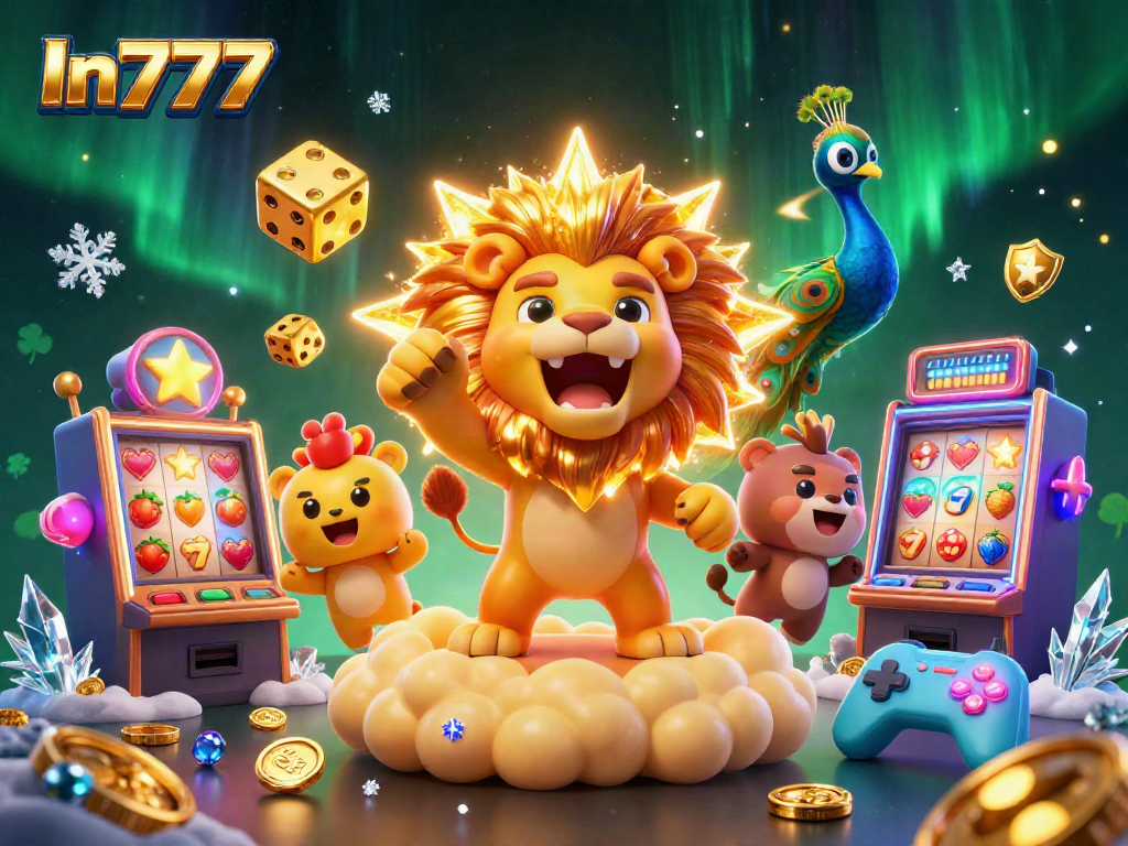 Experience exciting slots with In777's vibrant cartoon scene filled with roaring lions and golden dice.
