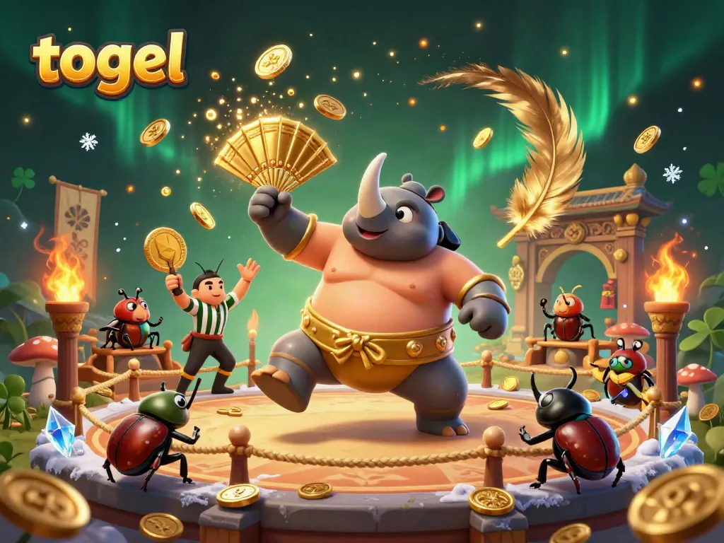 Engaging togel scene with a cartoon rhinoceros beetle champion amidst betting tokens and golden coins.