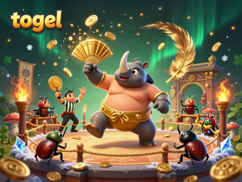 Engaging togel scene with a cartoon rhinoceros beetle champion amidst betting tokens and golden coins.