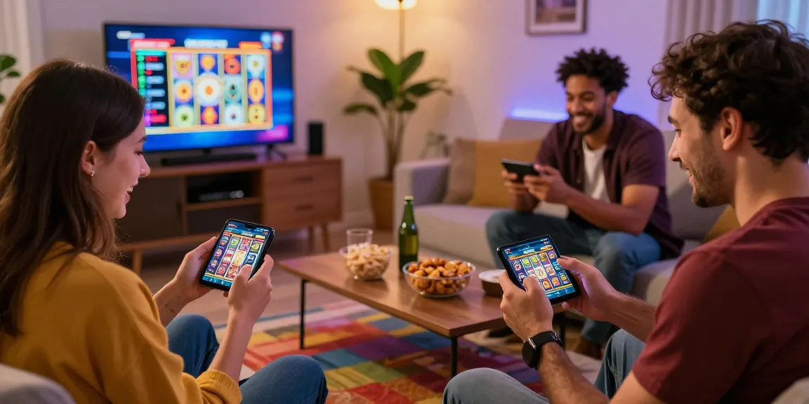 Engaging gaming atmosphere with players enjoying the Slots PK app in a cozy living room setting, showcasing excitement and social interaction.