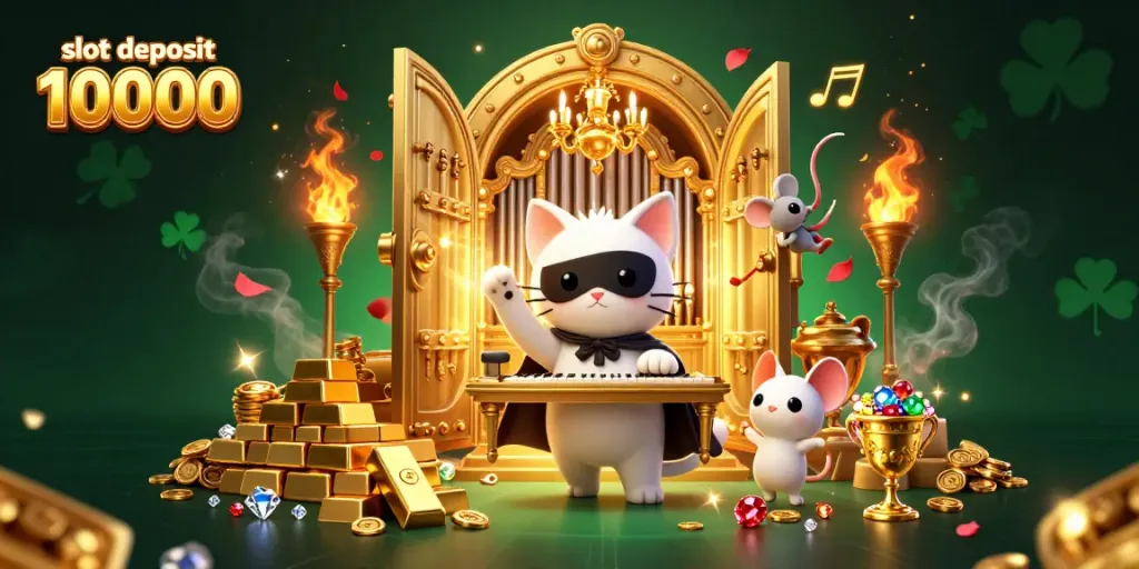 Engage with slot deposit 10000 at a vibrant casino scene featuring a masked cat and acrobat.