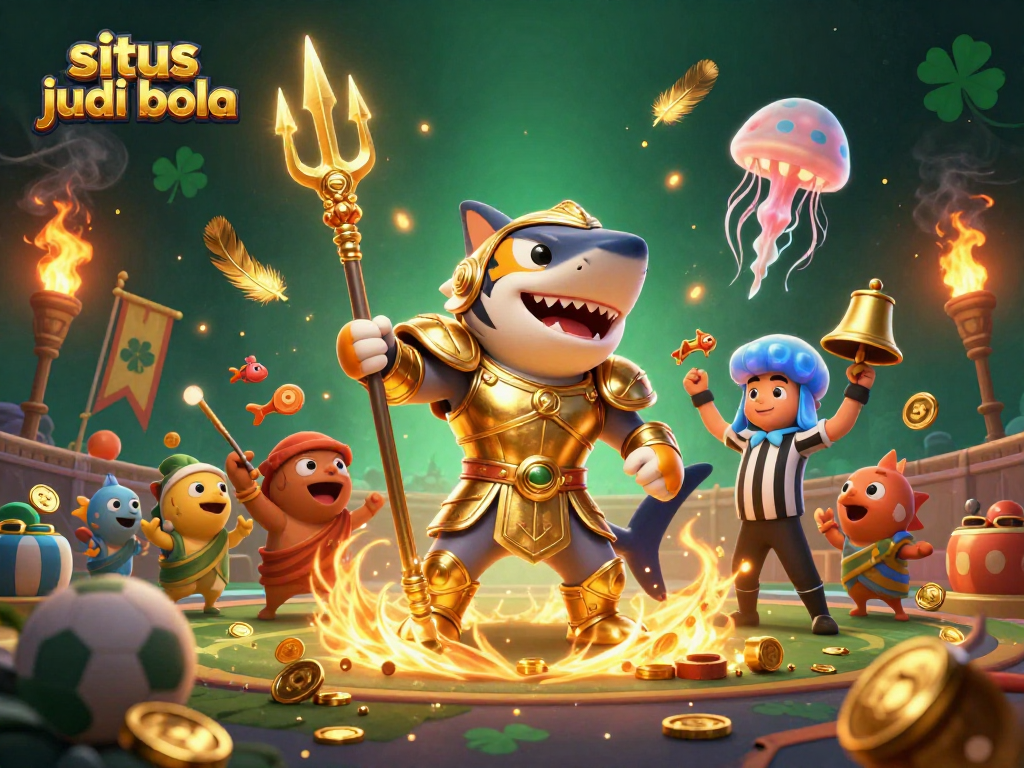 Engage with situs judi bola through dynamic sports betting scenes featuring a golden shark warrior.