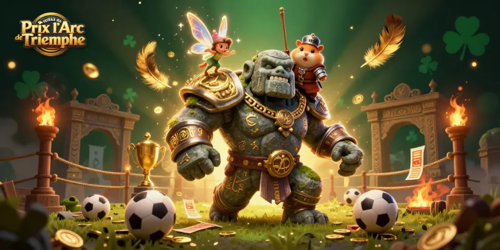 Engaging illustration showcasing les cotes du Prix de l'Arc de Triomphe with a golem guardian and hamster knight amidst sports betting elements.