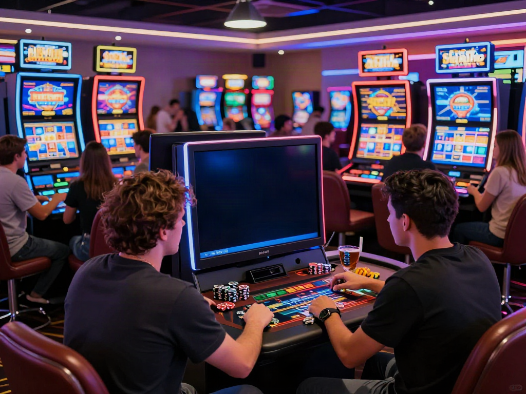 A80 slot information platform featuring players engaging in vibrant online slot games with bright interfaces and neon lights.