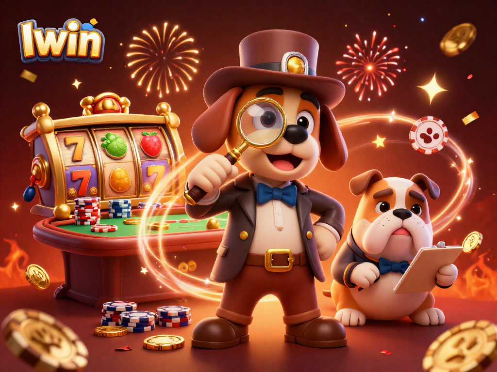 Iwin spins the luck of golden poker chips and slot reels with vibrant fireworks in a thrilling casino scene.