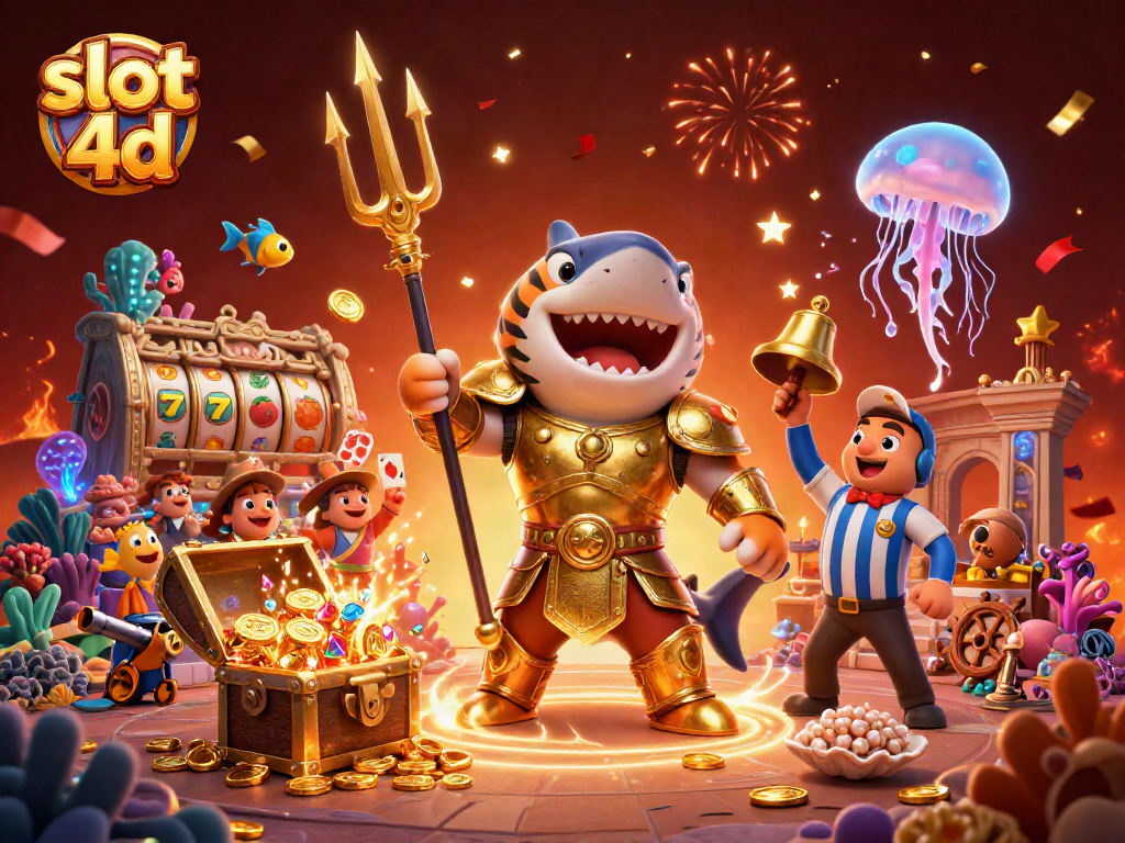 Menggali kesenangan permainan slot 4D dengan hiu kartun marah bersenjatakan trisula di arena bawah laut dan peti harta karun berisi koin.