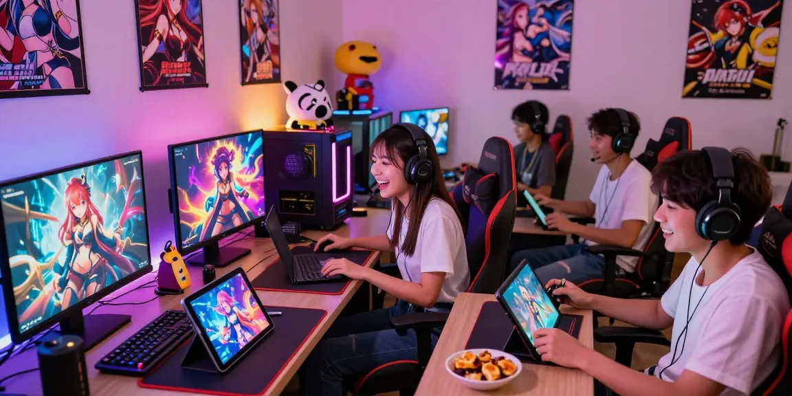 Engaged players enjoying hentai games in a lively gaming den setting