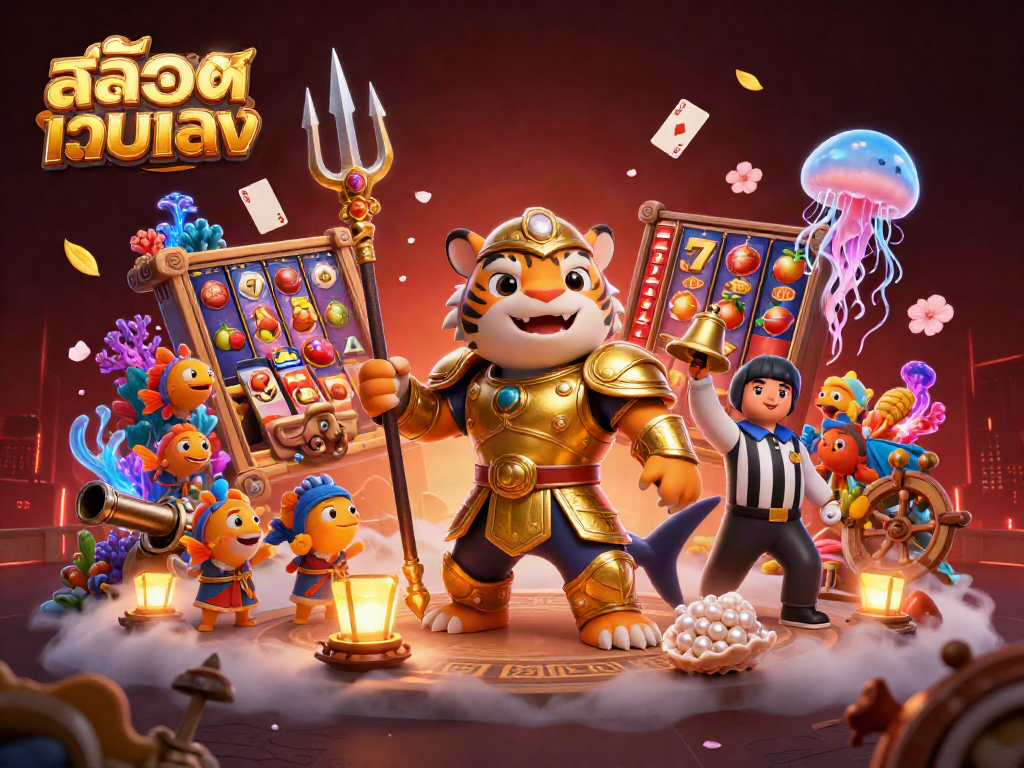 Spin the reels with สล็อตเว็บตรง in a vibrant underwater casino scene, featuring a triumphant tiger shark.