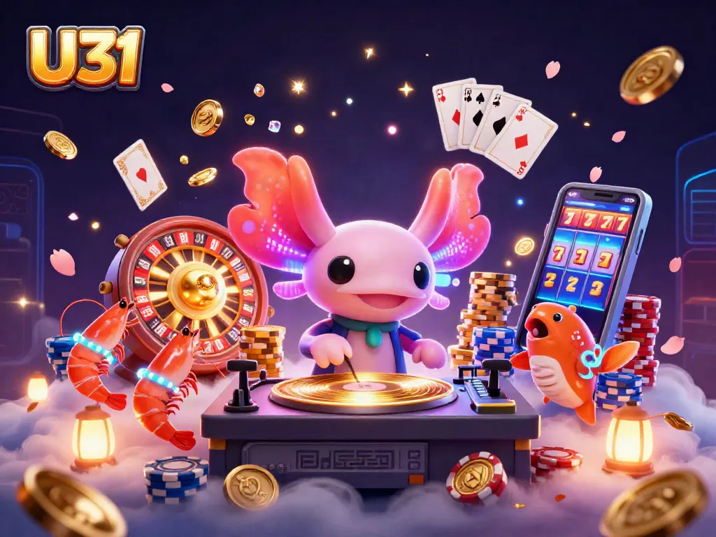 Engage in U31's vibrant casino atmosphere with neon axolotl DJ, golden coins, and dazzling game elements.