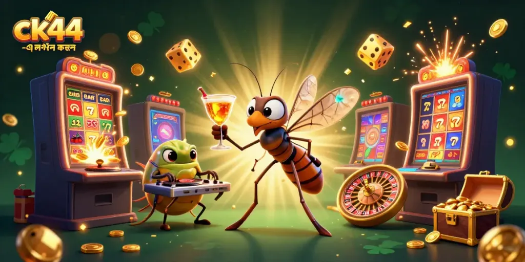 Experience the excitement of ck44 -এ লগইন করুন with a lively casino scene including a mosquito mascot and dynamic game elements.