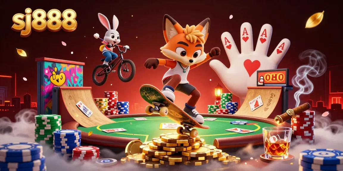 Engage with sj888 as a cartoon fox performs a kickflip over golden poker chips in a vibrant casino scene.