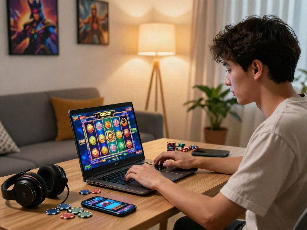 Slot gacor player engaged in online gaming, surrounded by vibrant graphics and cozy atmosphere.