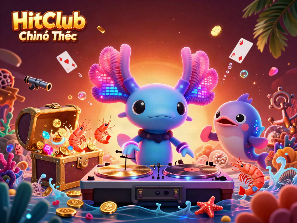 Engage with HitClub Chính Thức through colorful underwater casino games, featuring vibrant characters and treasure.