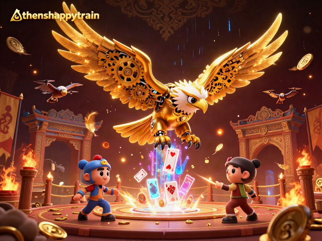 Experience thrilling action in athenshappytrain with a golden eagle soaring amidst holographic casino elements.