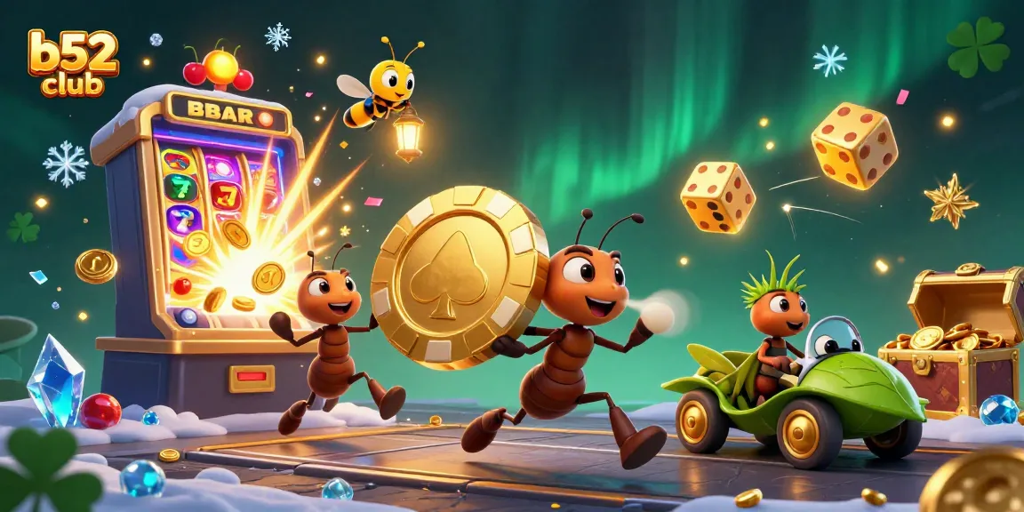 Experience the thrill and excitement of b52club in this dynamic heist illustration of ants and casino themes.