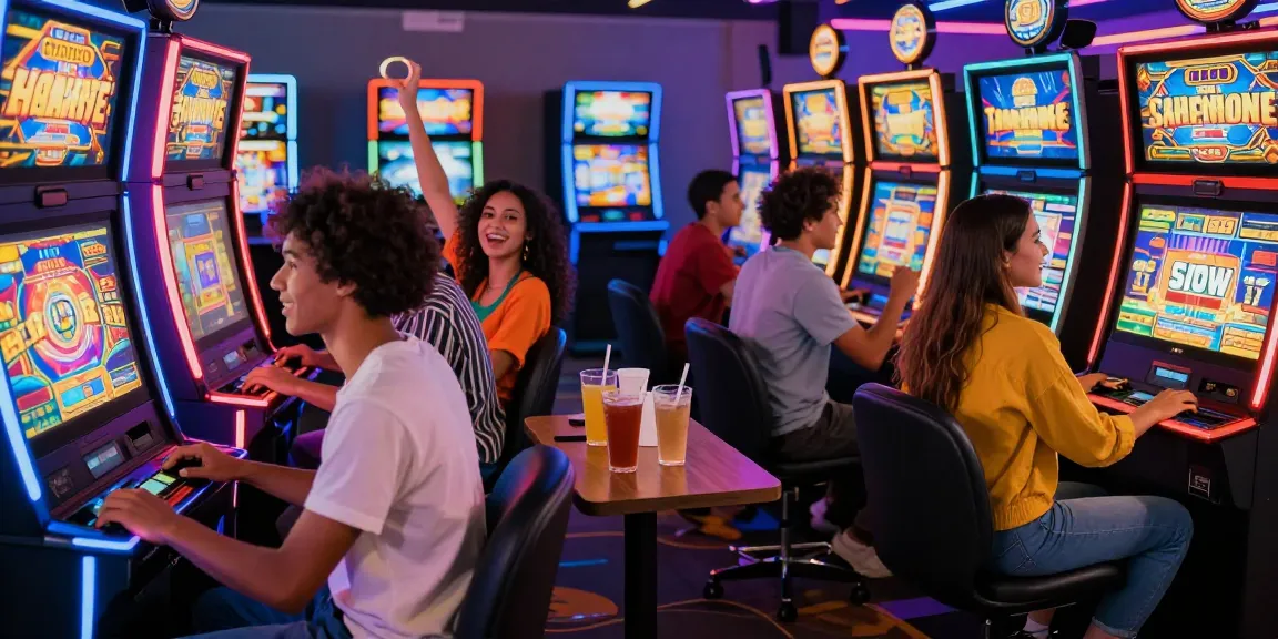 Friends enjoying a lively slot gaming experience in a vibrant arcade setting.